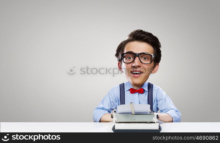 Man typist. Young funny man writer with big head