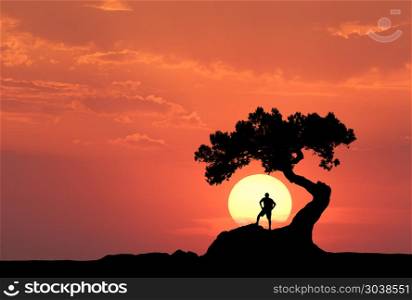 Man under the old tree on the background of yellow sun. Man under the old tree on the background of yellow sun. Silhouette of a standing sporty man on the mountain and colorful orange sky with clouds at sunset. Beautiful landscape in the evening. Travel