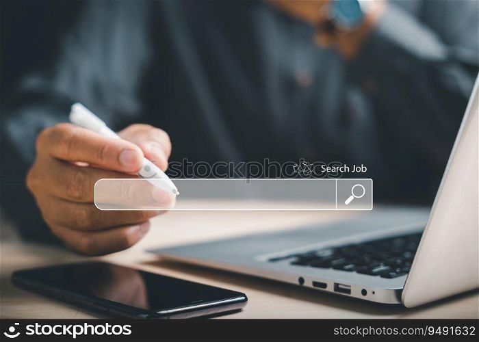 Man using a digital pen to point at an online job search bar, symbolizing the quest to find the perfect career opportunity amidst a sea of information and possibilities. job search