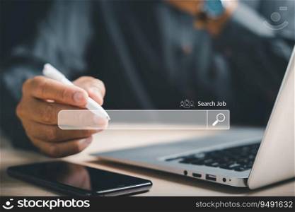 Man using a digital pen to point at an online job search bar, symbolizing the quest to find the perfect career opportunity amidst a sea of information and possibilities. job search