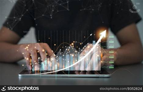 Man using a tablet to showcase a virtual hologram of financial data with an upward arrow. Business growth and stock market analysis concept. Technology and data analysis is the foundation.