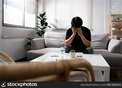Man using both hands to covering faces with emotional of stressed and depressed in mental health.