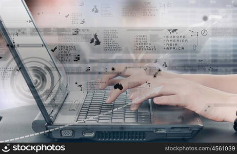 Man using laptop. Close up of male hands typing on laptop keyboard