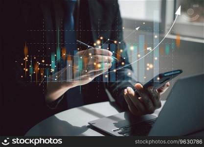 Man using mobile apps to monitor stock market analysis and trading activities on his laptop. Forex trading and investment growth concept. checking stock market graph report