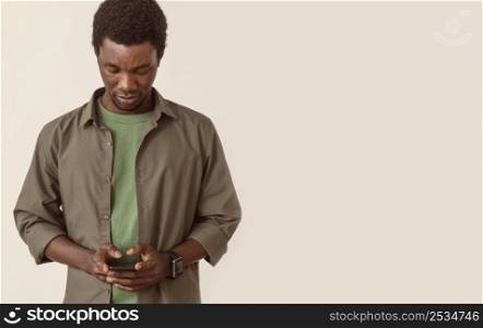 man using smartphone copy space