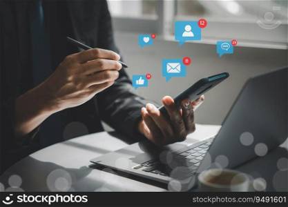 Man using smartphone for social media entertainment. Online concept of multimedia sharing and messaging. Social Distancing and Working From Home. Social media concept