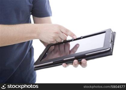 man using touch pad, close up shot on tablet pc, isolated