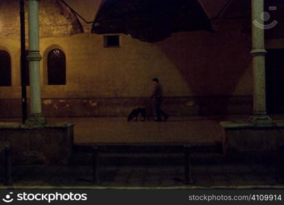 Man walking dog, Bologna, Italy at night