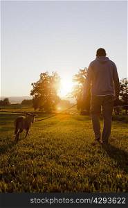 Man walking dog in rural field