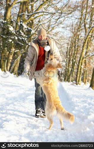 Man Walking Dog Through Snowy Woodland