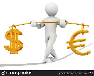 Man walking on a rope. Balance of dollar and euro