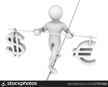 Man walking on a rope. Balance of dollar and euro. 3d