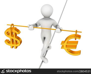 Man walking on a rope. Balance of dollar and euro. 3d