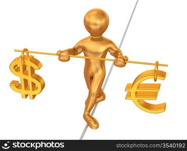 Man walking on a rope. Balance of dollar and euro. 3d