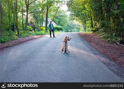 Man walking with his dog in the forest in the countryside from the Netherlands