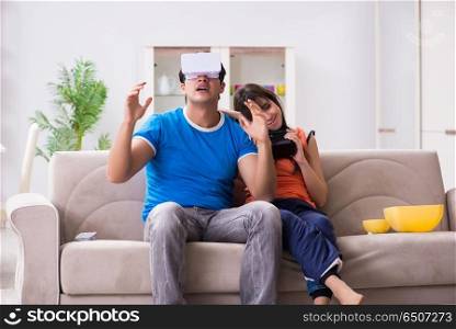 Man watching football on virtual reality vr glasses