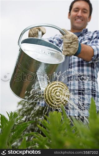 Man Watering Plant in Garden