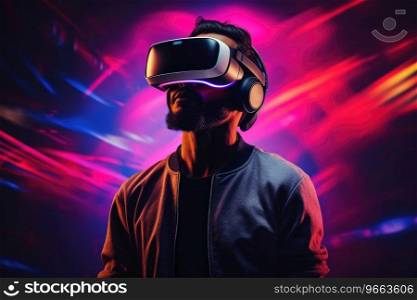 Man wearing a virtual reality headset and a colored backdrop.