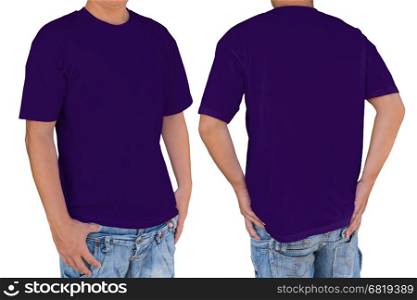 Man wearing blank dark violet color t-shirt with clipping path, front and back view. Template for insert logo, pattern, or artwork.&#xA;