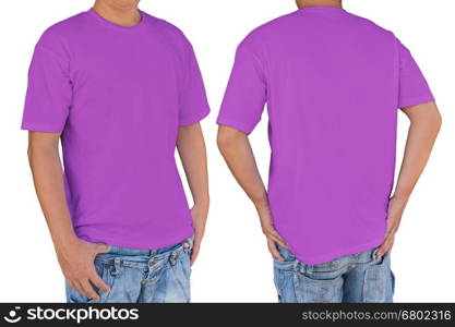 Man wearing blank deep lilac color t-shirt with clipping path, front and back view. Template for insert logo, pattern, or artwork.&#xA;