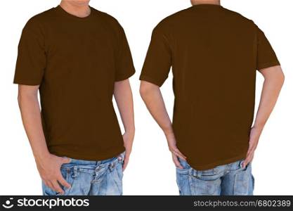 Man wearing brown t-shirt with clipping path, front and back view. Template for insert logo, pattern, or artwork.&#xA;
