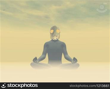 Man wearing gas mask meditating about pollution in foggy background. Toxicity meditation - 3D render