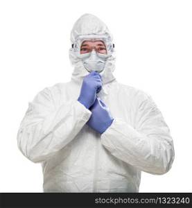 Man Wearing Hazmat Suit, Goggles and Medical Face Mask Isolated On White.
