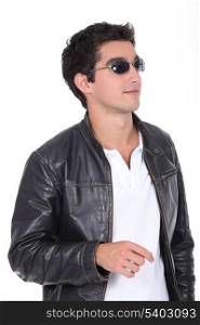Man wearing leather jacket