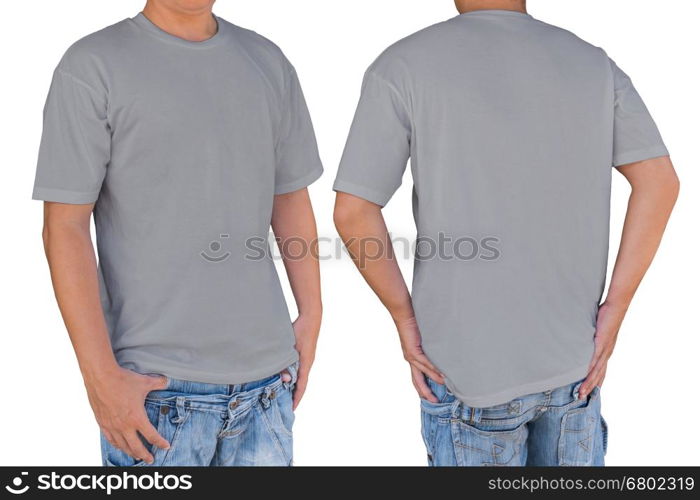 Man wearing medium gray color t-shirt with clipping path, front and back view. Template for insert logo, pattern, or artwork.&#xA;