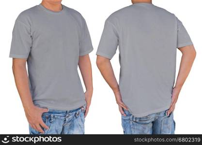 Man wearing medium gray color t-shirt with clipping path, front and back view. Template for insert logo, pattern, or artwork.&#xA;