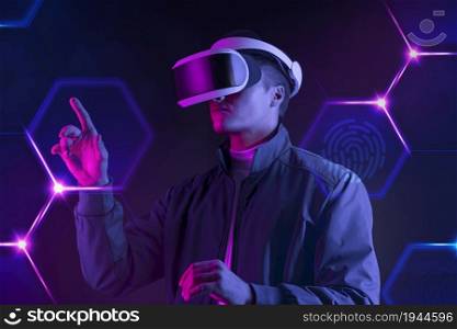 Man wearing smart glasses touching a virtual screen futuristic technology digital remix