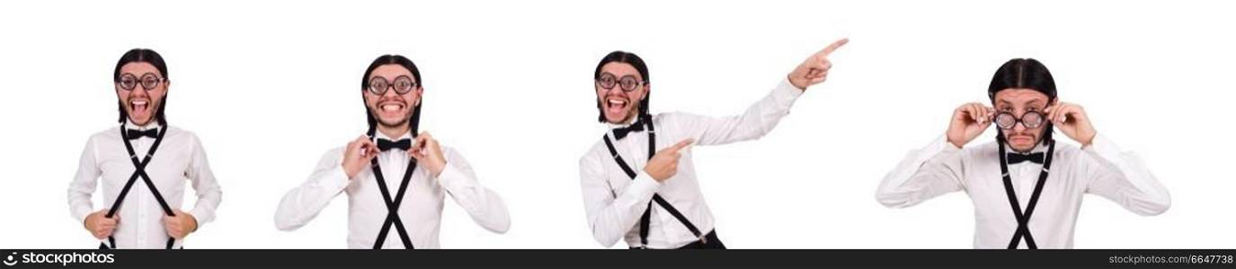 Man wearing suspenders isioated on white. The man wearing suspenders isioated on white