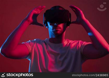 man wearing virtual reality gadget medium shot