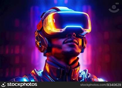 Man wearing virtual reality glasses, electronic head device in cyber space. Generative AI