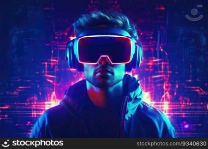 Man wearing virtual reality glasses, electronic head device in cyber space. Generative AI