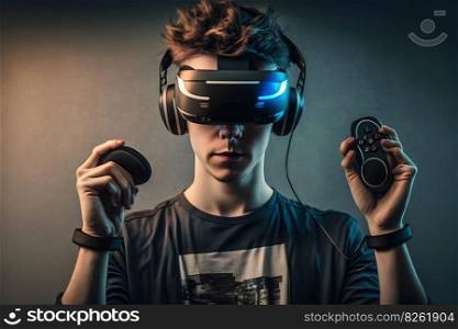 Man wearing virtual reality goggles. Neural network AI generated art. Man wearing virtual reality goggles. Neural network AI generated