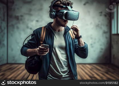 Man wearing virtual reality goggles. Neural network AI generated art. Man wearing virtual reality goggles. Neural network AI generated