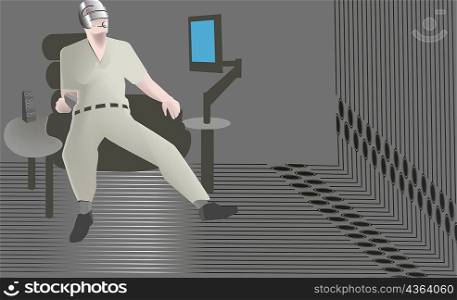 Man wearing virtual reality simulator goggles