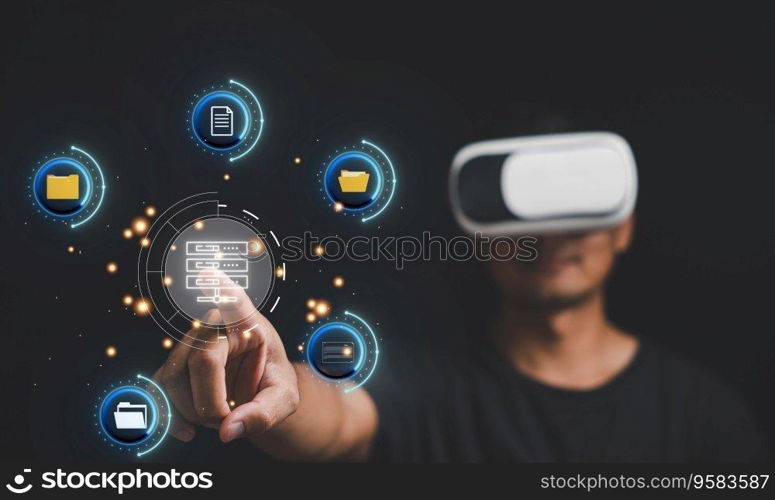 Man wearing VR glasses, connected to the worldwide web, delving into the virtual metaverse. Emphasizing the importance of streamlined document management systems DMS in context of future technology.