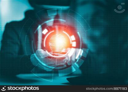 Man wearing VR glasses virtual Hacker touch laptop or smartphone and Touching in graph Screen code of a media screen on the White background,technology Process System Business and hacks online concept