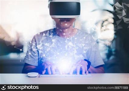 Man wearing VR glasses virtual with global network connection. Internet communication, Wireless connection technology. Futuristic technology with polygonal shapes,Communication and marketing concept,