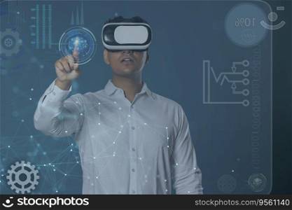  Man wearing VR headset and pointing at digital Screen 