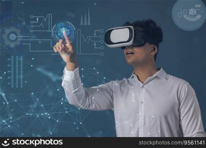  Man wearing VR headset and pointing at digital Screen 