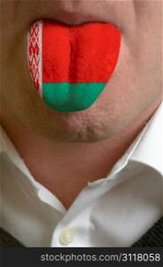 man wit open mouth spreading tongue colored in belarus flag as symbol of values like teaching, learning, multilingual speaking of different languages