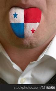 man wit open mouth spreading tongue colored in panama flag as symbol of values like teaching, learning, multilingual speaking of different languages