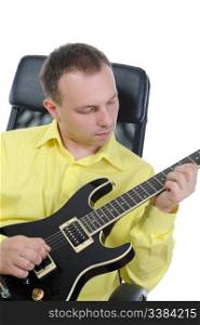 man with a black guitar. Isolated on white