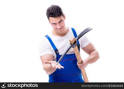 Man with a digging axe hoe on white background isolated