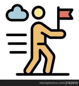 Man with a flag in his hand. icon. Outline man with a flag in his hand. vector icon color flat isolated. Man with a flag in his hand. icon color outline vector