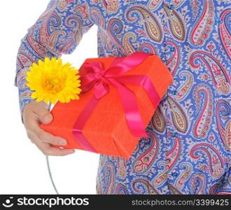 man with a gift box and a flower. Isolated on white background