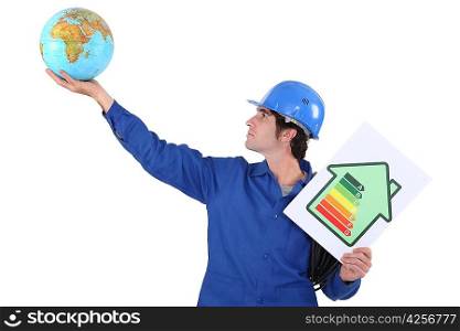 Man with a globe and energy rating sign